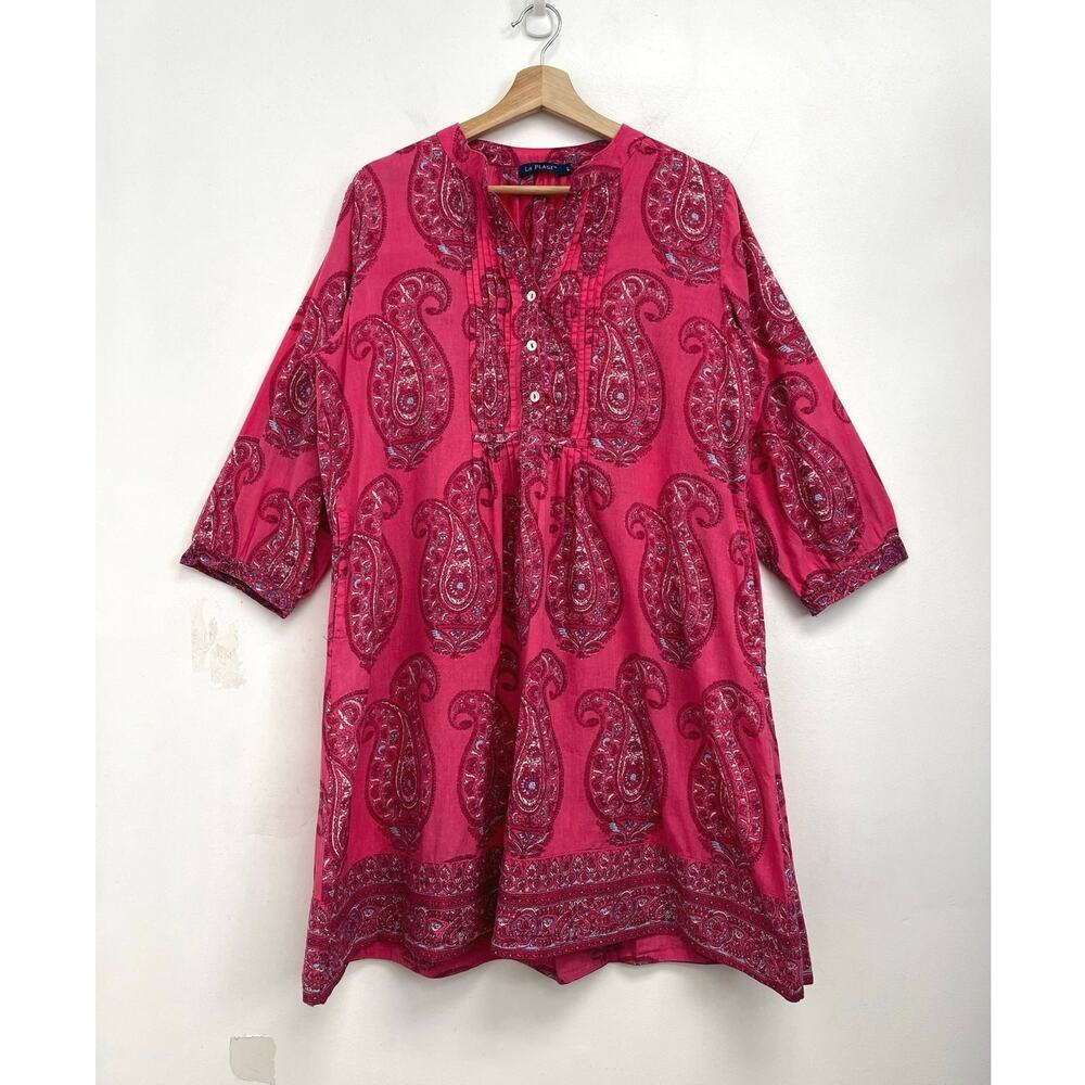La Plage Maye Paisley Print Colorful Pintuck A-Line Cotton Mini Dress - Large